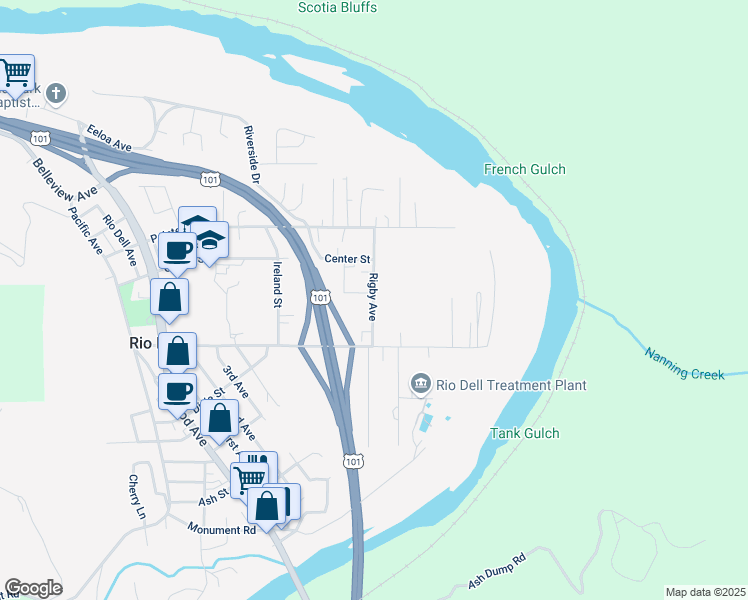 map of restaurants, bars, coffee shops, grocery stores, and more near 728 Rigby Ave in Rio Dell