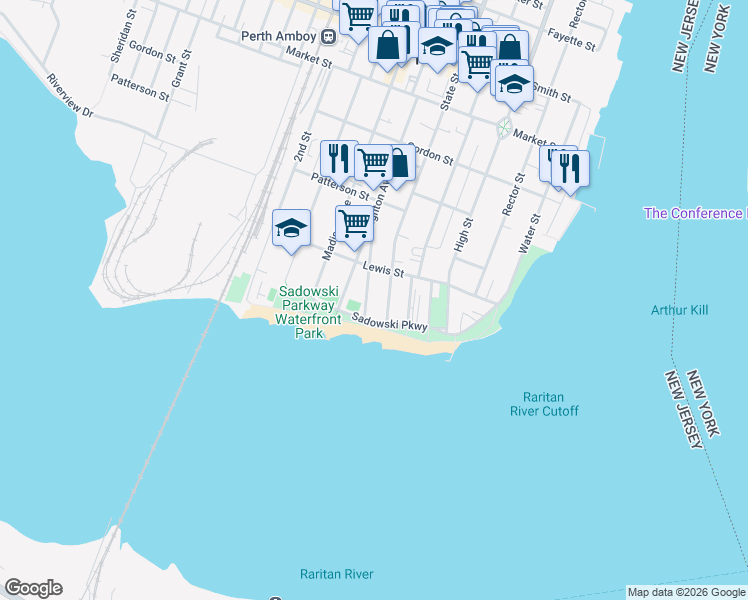 map of restaurants, bars, coffee shops, grocery stores, and more near 18 State Street in Perth Amboy