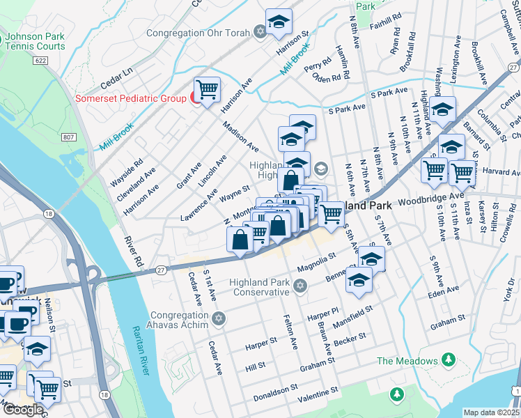 map of restaurants, bars, coffee shops, grocery stores, and more near 15 North 3rd Avenue in Highland Park