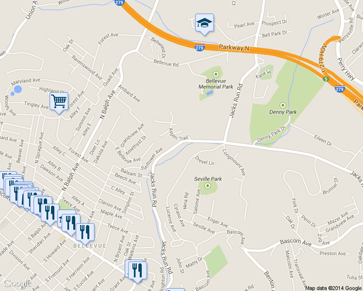 map of restaurants, bars, coffee shops, grocery stores, and more near 4897 Lucerne Avenue in Pittsburgh