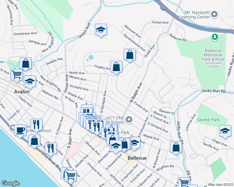 map of restaurants, bars, coffee shops, grocery stores, and more near 553 Orchard Avenue in Bellevue