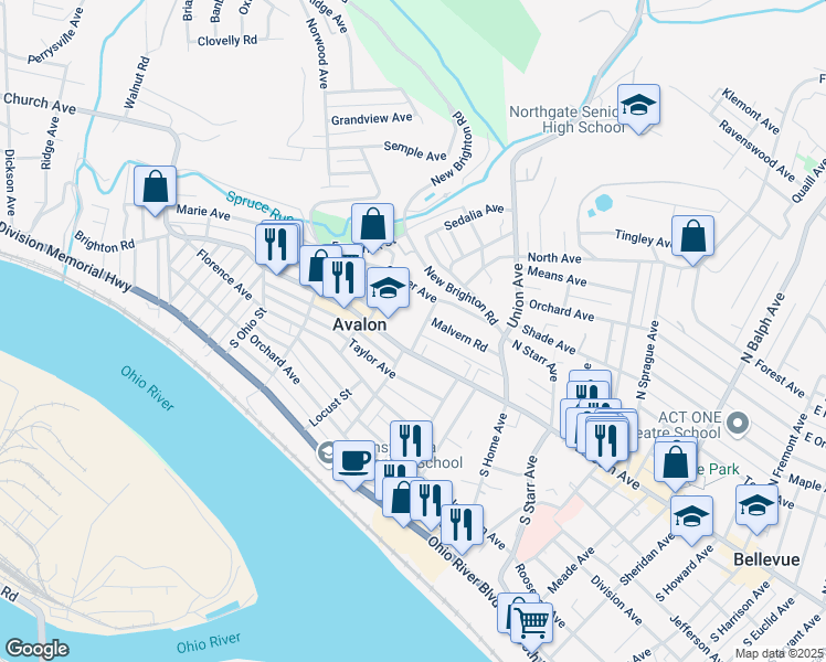 map of restaurants, bars, coffee shops, grocery stores, and more near in Avalon