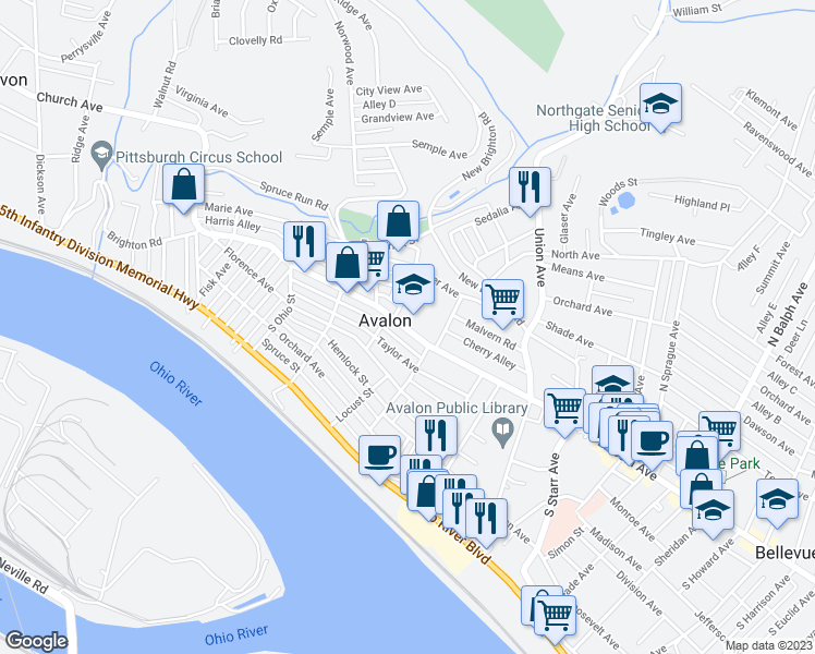 map of restaurants, bars, coffee shops, grocery stores, and more near 707 Ohio River Boulevard in Pittsburgh