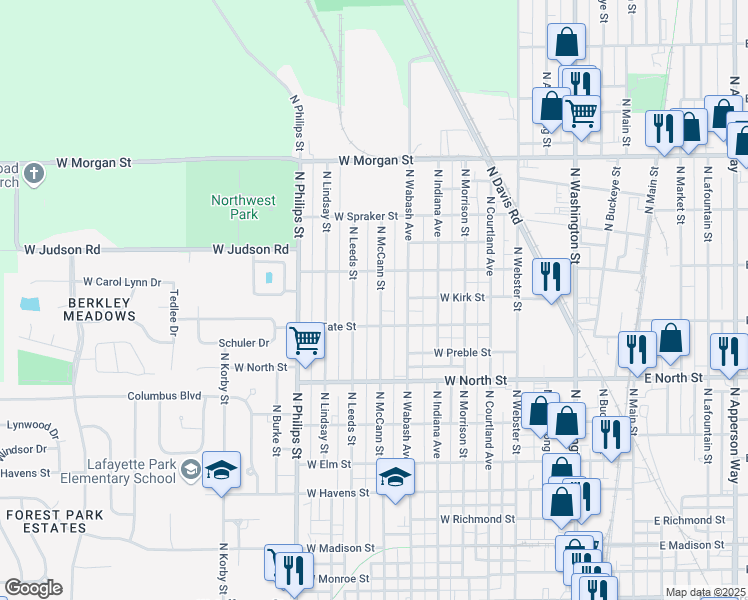 map of restaurants, bars, coffee shops, grocery stores, and more near 1500 North McCann Street in Kokomo