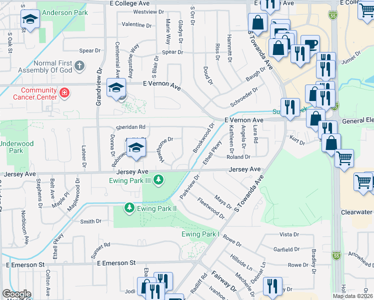 map of restaurants, bars, coffee shops, grocery stores, and more near 7 Kingswood Drive in Normal