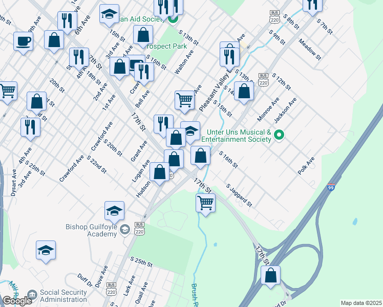 map of restaurants, bars, coffee shops, grocery stores, and more near 900 South Jaggard Street in Altoona