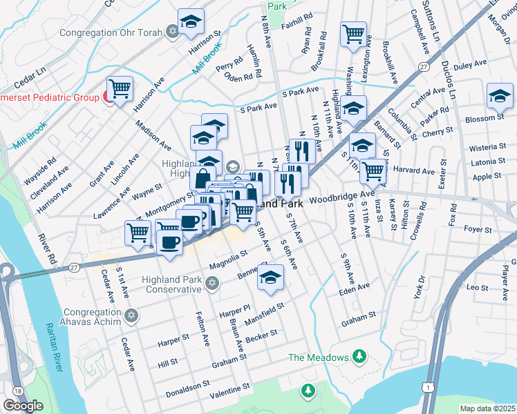 map of restaurants, bars, coffee shops, grocery stores, and more near 509 New Jersey 27 in Highland Park