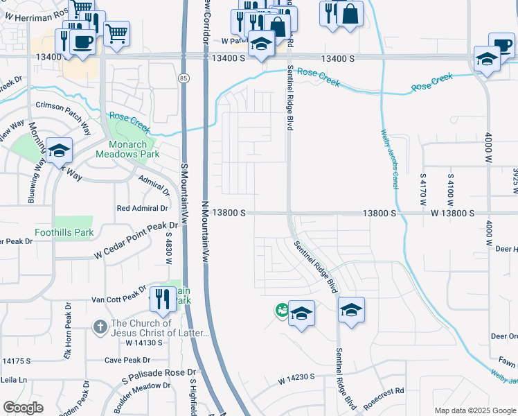 map of restaurants, bars, coffee shops, grocery stores, and more near 4598 West Carbonell Lane in Riverton