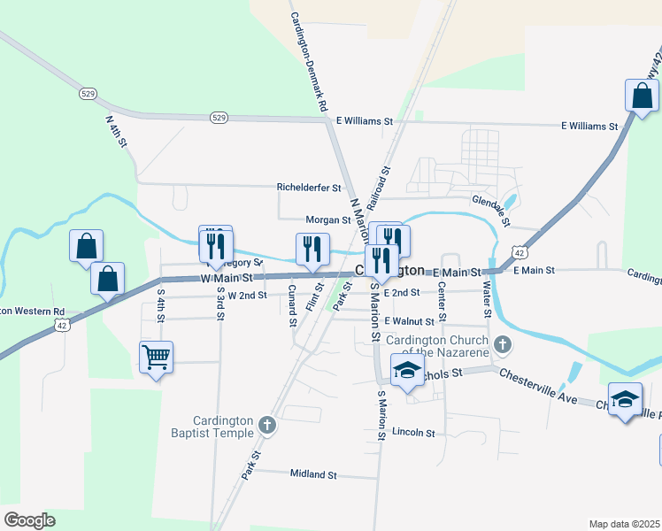 map of restaurants, bars, coffee shops, grocery stores, and more near 112 Morgan Street in Cardington
