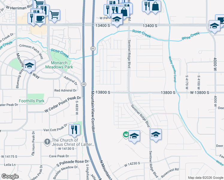 map of restaurants, bars, coffee shops, grocery stores, and more near 4626 West Cillian Lane in Riverton