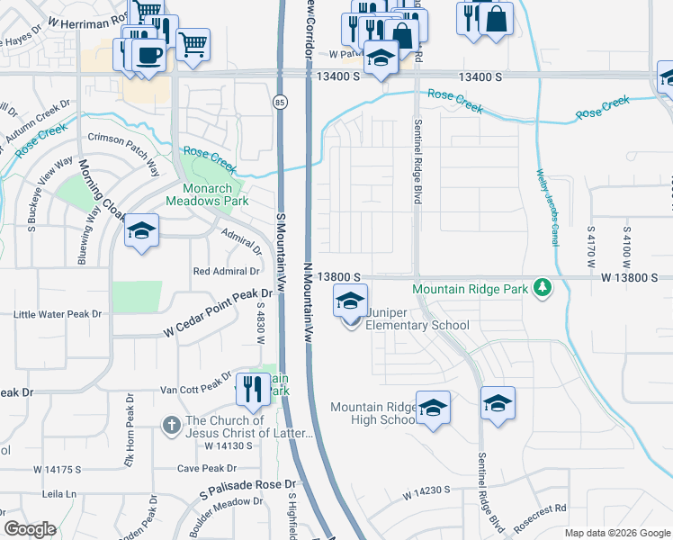 map of restaurants, bars, coffee shops, grocery stores, and more near 4682 West Cillian Lane in Riverton