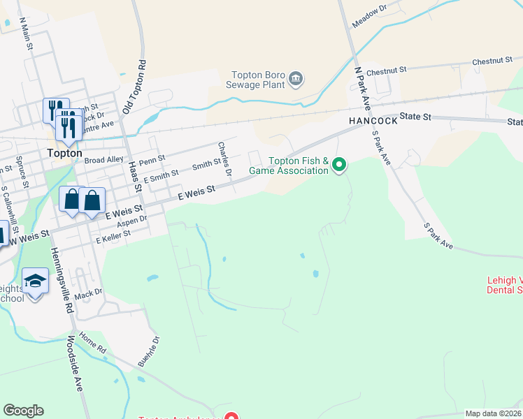 map of restaurants, bars, coffee shops, grocery stores, and more near 570 State Street in Mertztown