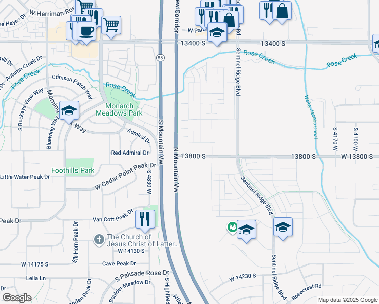 map of restaurants, bars, coffee shops, grocery stores, and more near 4688 West Cillian Lane in Riverton