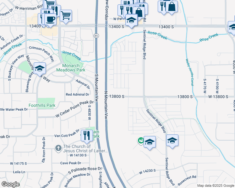 map of restaurants, bars, coffee shops, grocery stores, and more near 4676 West Cillian Lane in Riverton