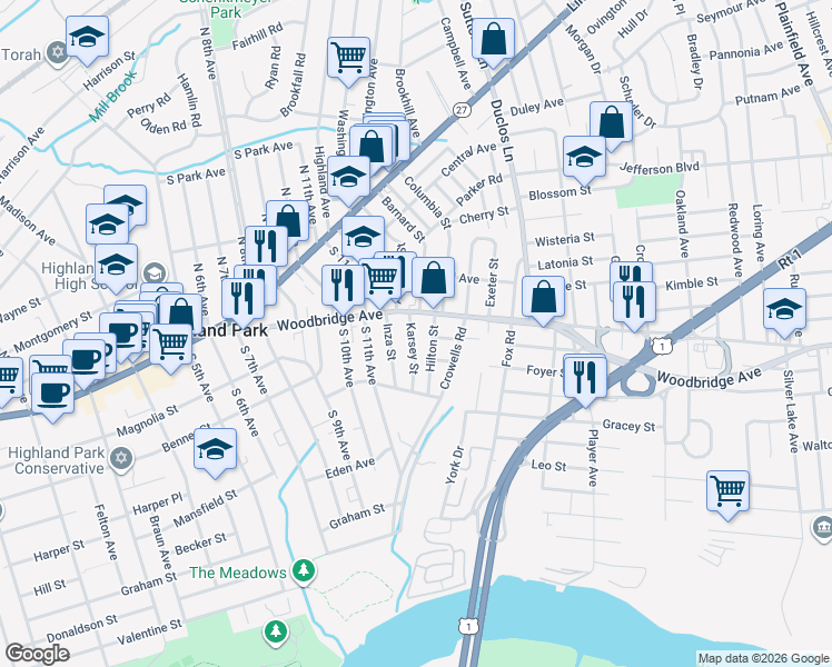 map of restaurants, bars, coffee shops, grocery stores, and more near 215 Karsey Street in Highland Park