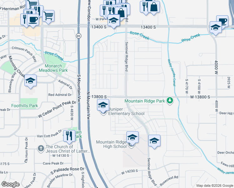 map of restaurants, bars, coffee shops, grocery stores, and more near Mountain View Corridor in Riverton