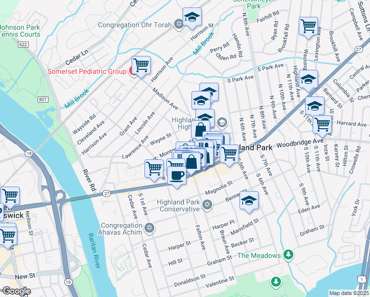 map of restaurants, bars, coffee shops, grocery stores, and more near 313 Montgomery Street in Highland Park
