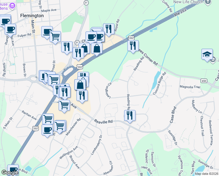 map of restaurants, bars, coffee shops, grocery stores, and more near 108 Salem Court in Flemington