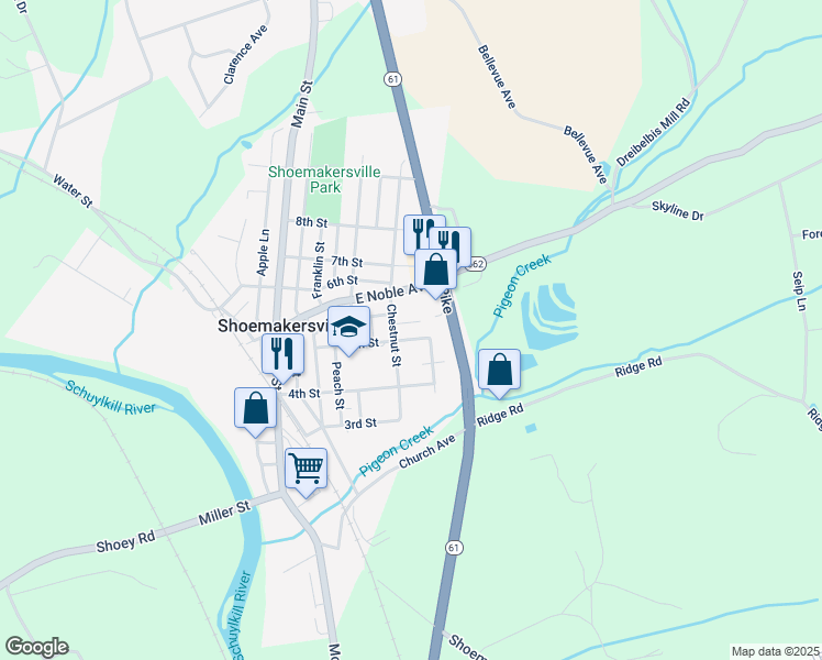 map of restaurants, bars, coffee shops, grocery stores, and more near 544 Shoemaker Avenue in Shoemakersville