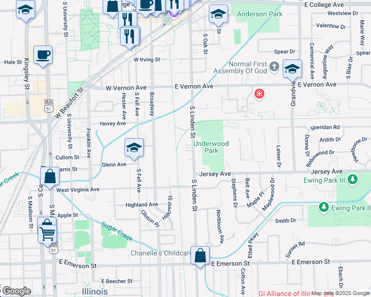 map of restaurants, bars, coffee shops, grocery stores, and more near 905 South Linden Street in Normal