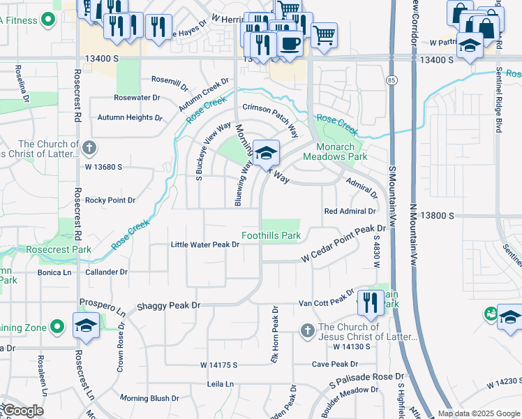 map of restaurants, bars, coffee shops, grocery stores, and more near 13717 Shaggy Peak Drive in Riverton