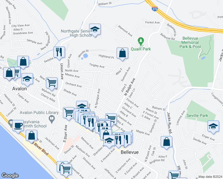 map of restaurants, bars, coffee shops, grocery stores, and more near 553 Forest Avenue in Bellevue