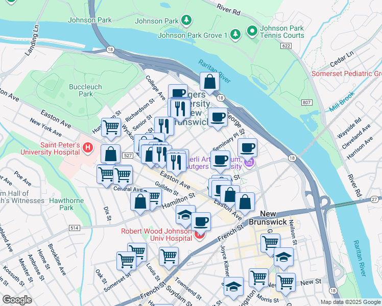 map of restaurants, bars, coffee shops, grocery stores, and more near 13 Mine Street in New Brunswick