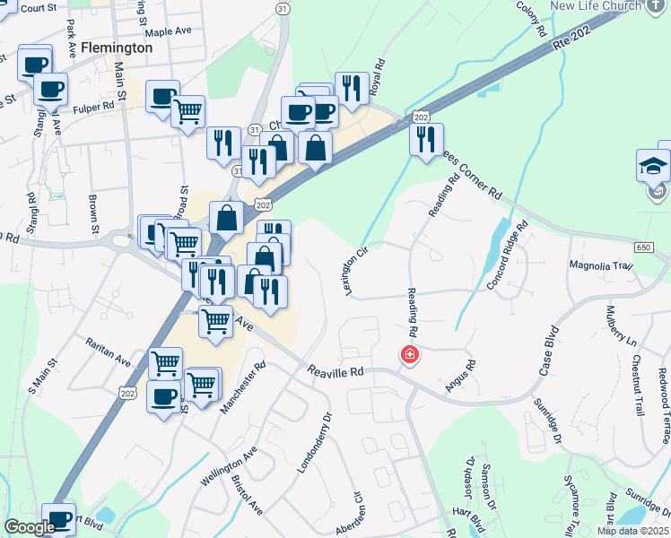 map of restaurants, bars, coffee shops, grocery stores, and more near 1605 Newbury Court in Flemington