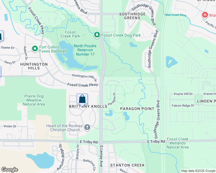 map of restaurants, bars, coffee shops, grocery stores, and more near 6100 Pheasant Court in Fort Collins