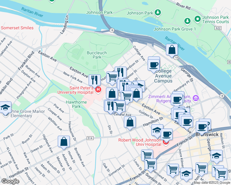 map of restaurants, bars, coffee shops, grocery stores, and more near 222 Easton Avenue in New Brunswick