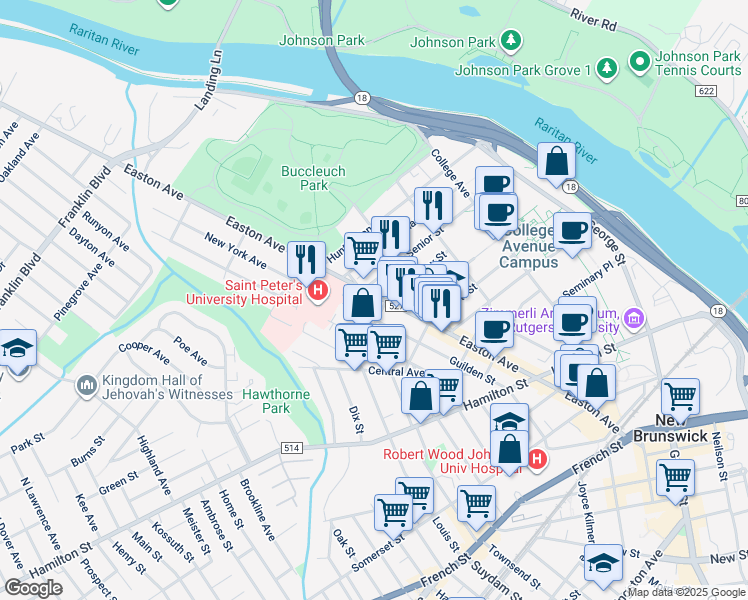 map of restaurants, bars, coffee shops, grocery stores, and more near 222 Easton Avenue in New Brunswick