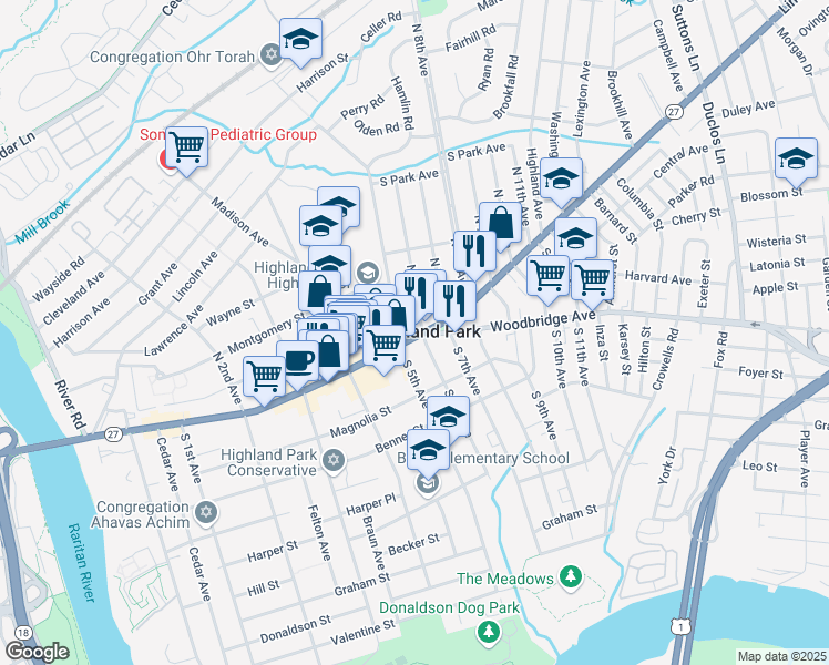map of restaurants, bars, coffee shops, grocery stores, and more near in Highland Park