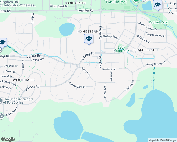 map of restaurants, bars, coffee shops, grocery stores, and more near 6174 Spearmint Court in Fort Collins