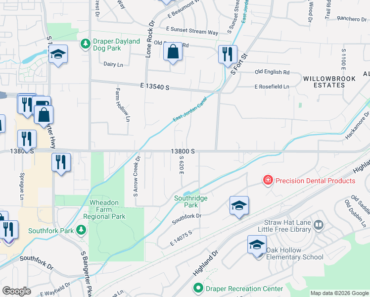 map of restaurants, bars, coffee shops, grocery stores, and more near 646 East 13710 South in Draper