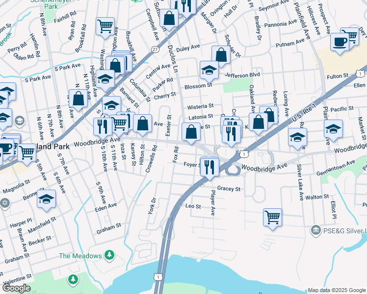 map of restaurants, bars, coffee shops, grocery stores, and more near 14 North Riverview Avenue in Edison