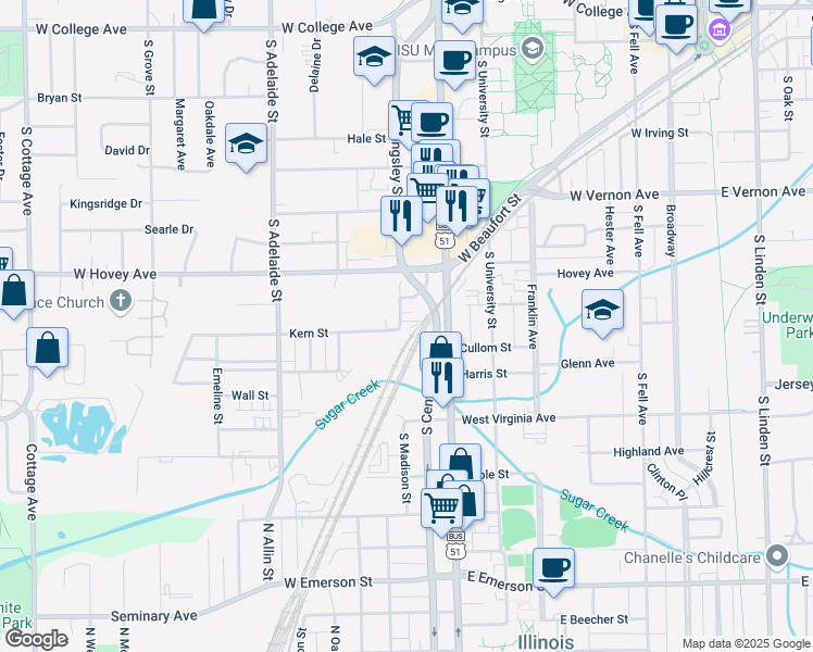 map of restaurants, bars, coffee shops, grocery stores, and more near 910 Kingsley Street in Normal