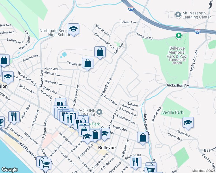 map of restaurants, bars, coffee shops, grocery stores, and more near 202 North Balph Avenue in Pittsburgh