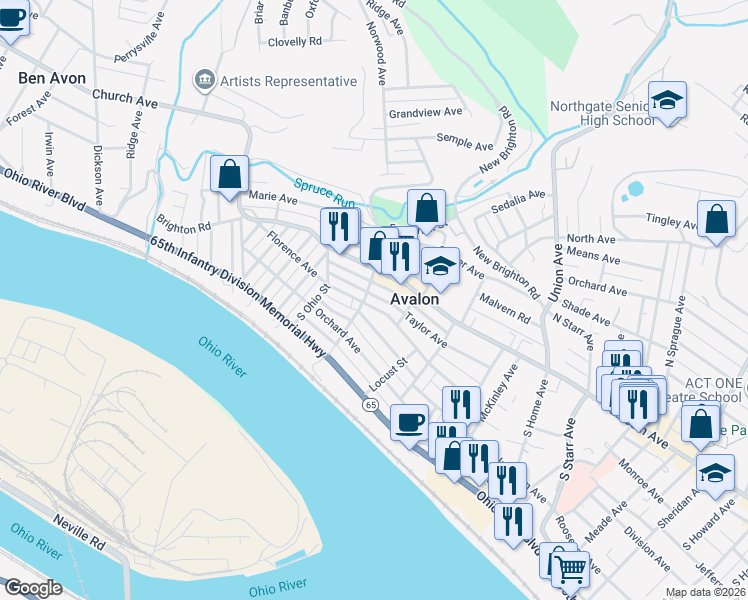 map of restaurants, bars, coffee shops, grocery stores, and more near 529 Taylor Avenue in Pittsburgh