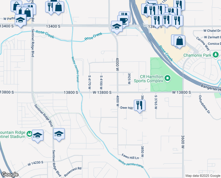 map of restaurants, bars, coffee shops, grocery stores, and more near 4026 Deerhorn Court in Riverton