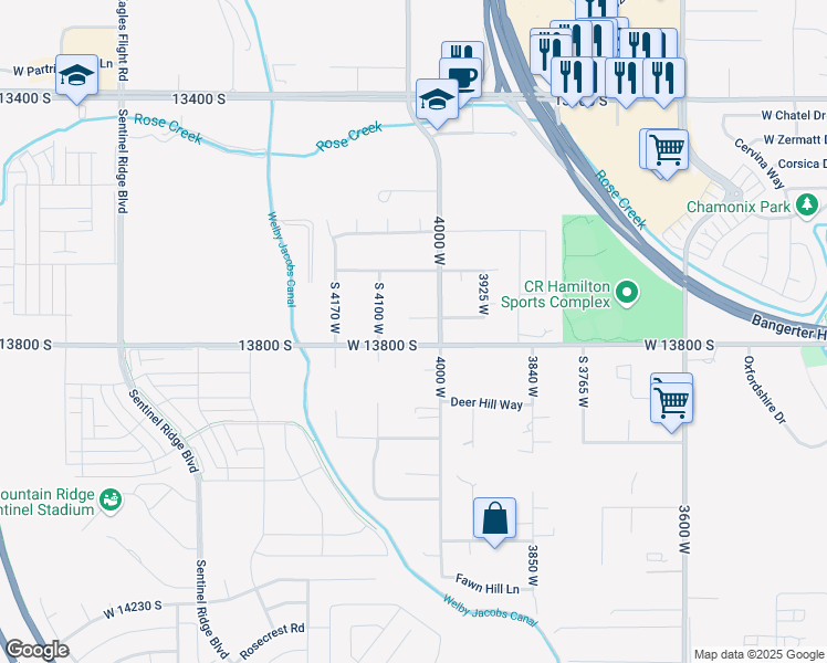 map of restaurants, bars, coffee shops, grocery stores, and more near 4026 Deerhorn Court in Riverton