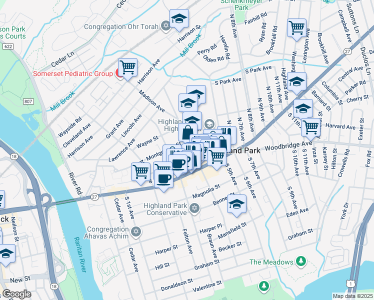 map of restaurants, bars, coffee shops, grocery stores, and more near 121 North 4th Avenue in Highland Park