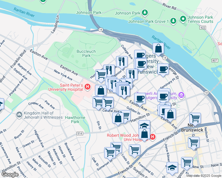 map of restaurants, bars, coffee shops, grocery stores, and more near 48 Wyckoff Street in New Brunswick