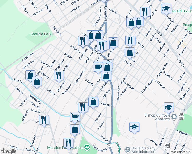 map of restaurants, bars, coffee shops, grocery stores, and more near 800-818 26th St in Altoona