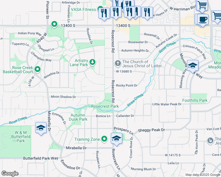 map of restaurants, bars, coffee shops, grocery stores, and more near 5617 West High Spirit Court in Herriman