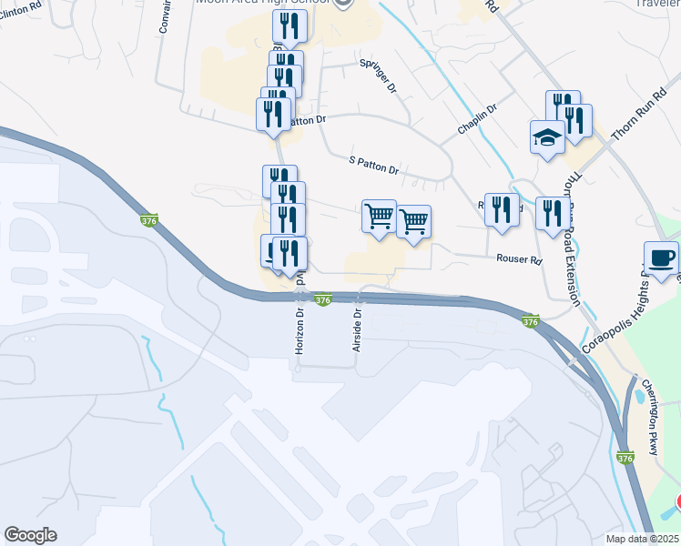 map of restaurants, bars, coffee shops, grocery stores, and more near 89 Soldiers Lane in Moon