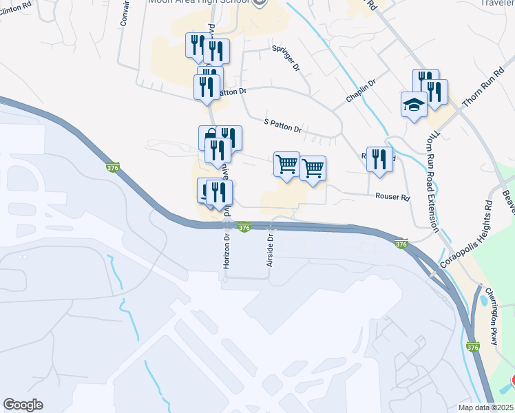 map of restaurants, bars, coffee shops, grocery stores, and more near 89 Soldiers Lane in Moon