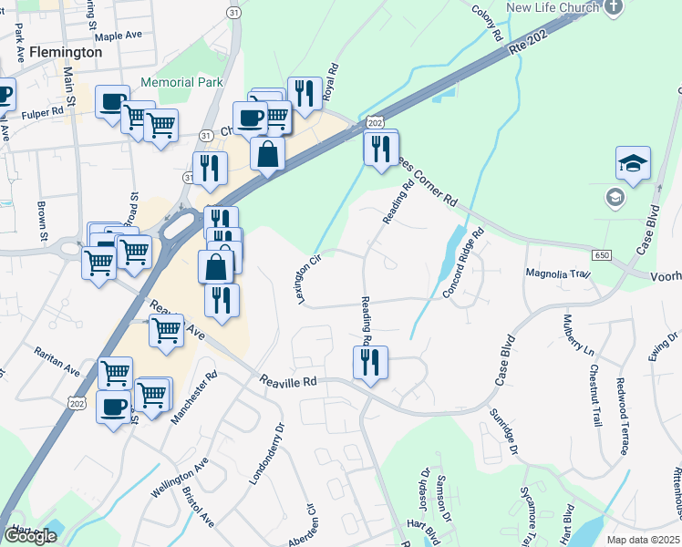 map of restaurants, bars, coffee shops, grocery stores, and more near 301 Salem Court in Flemington