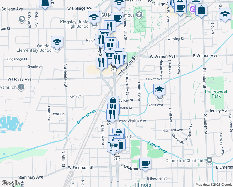 map of restaurants, bars, coffee shops, grocery stores, and more near 1006 South Main Street in Normal