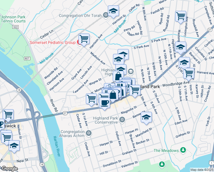 map of restaurants, bars, coffee shops, grocery stores, and more near Montgomery Street in Highland Park