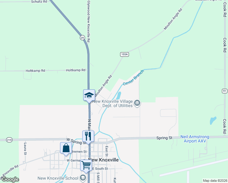 map of restaurants, bars, coffee shops, grocery stores, and more near 7166 Moulton Angle Rd in New Knoxville